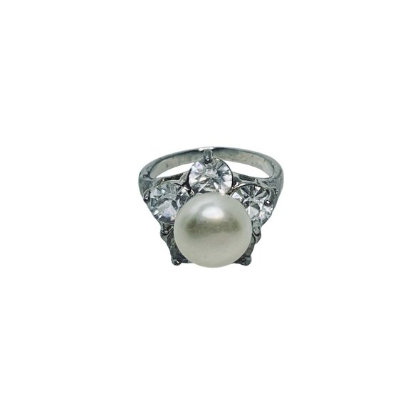 Silver Tone Clear Rhinestones And Faux Pearl Floral Statement Ring Size 6 (R448) - Picture 5 of 8